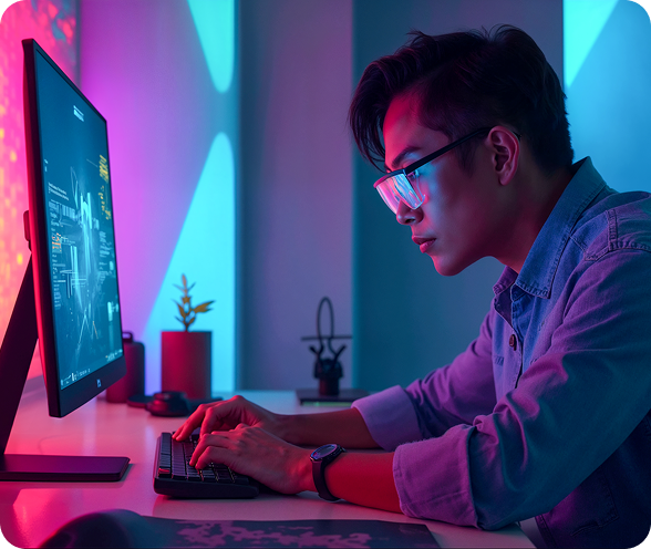 Developer working in a neon-lit environment